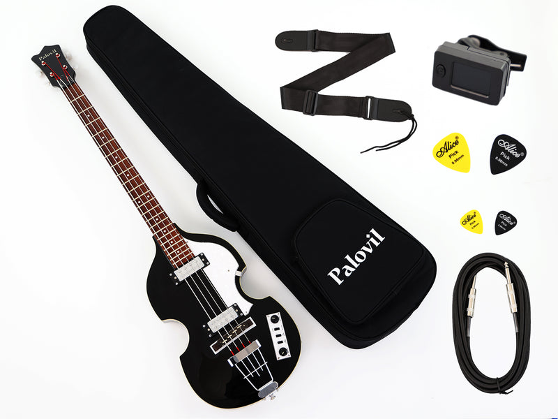 Black Violin Semi-Hollow Body 4 String Electric Bass Guitar Bundle (PHY-166-B)
