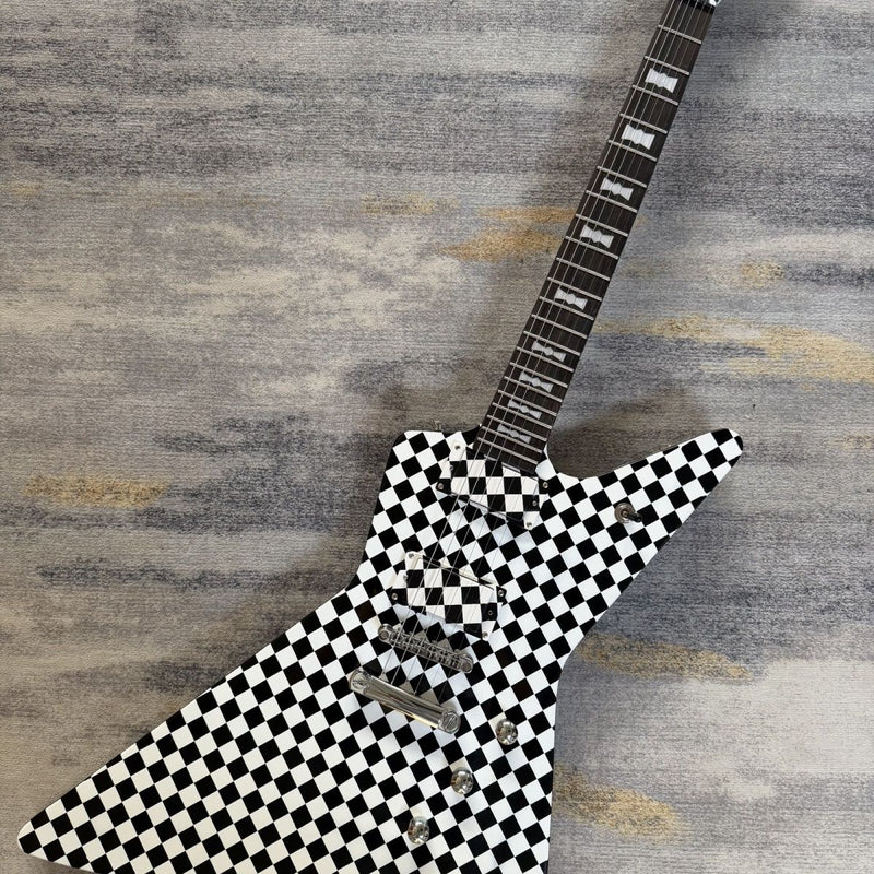 Black White Checkerboard Explorer Style Electric Guitar (LRG-004)