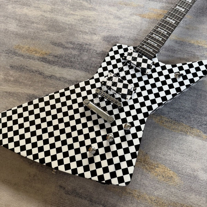 Black White Checkerboard Explorer Style Electric Guitar (LRG-004)