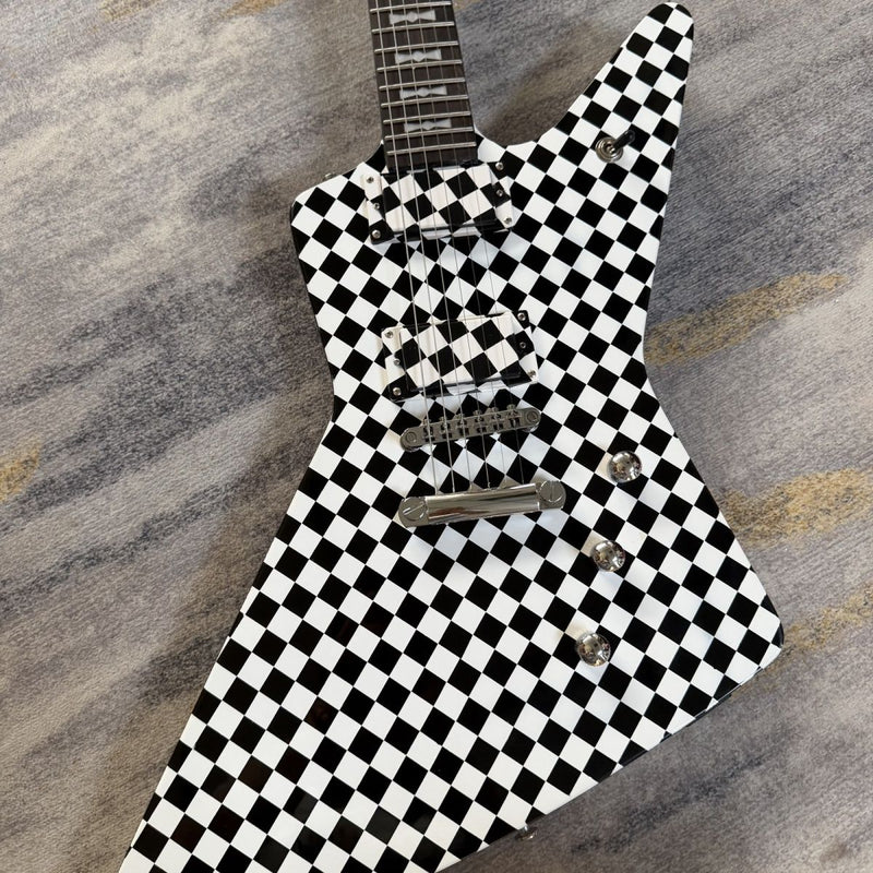 Black White Checkerboard Explorer Style Electric Guitar (LRG-004)