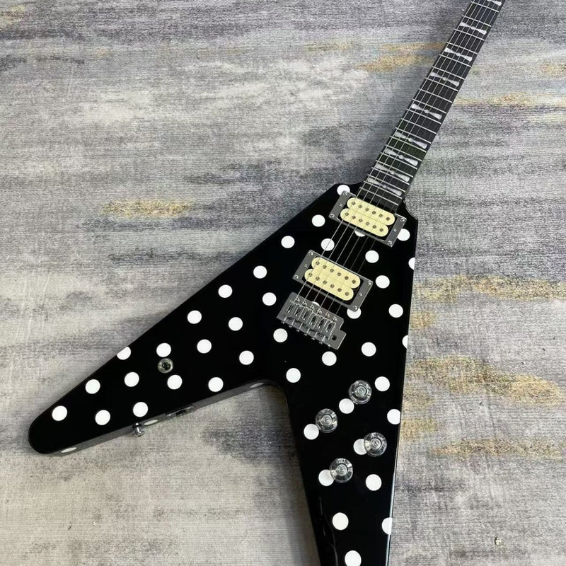 Black White Polka Dot Flying V Style Electric Guitar (LRG-023)