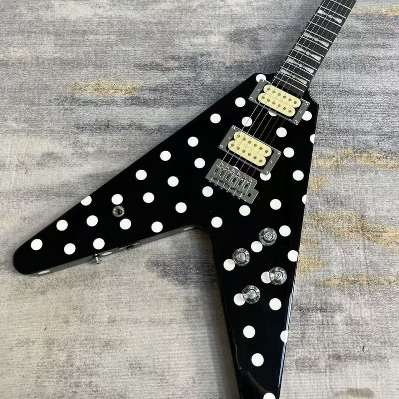 Black White Polka Dot Flying V Style Electric Guitar (LRG-023)