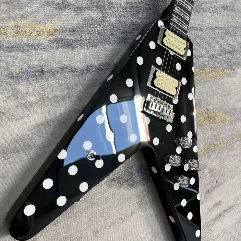Black White Polka Dot Flying V Style Electric Guitar (LRG-023)