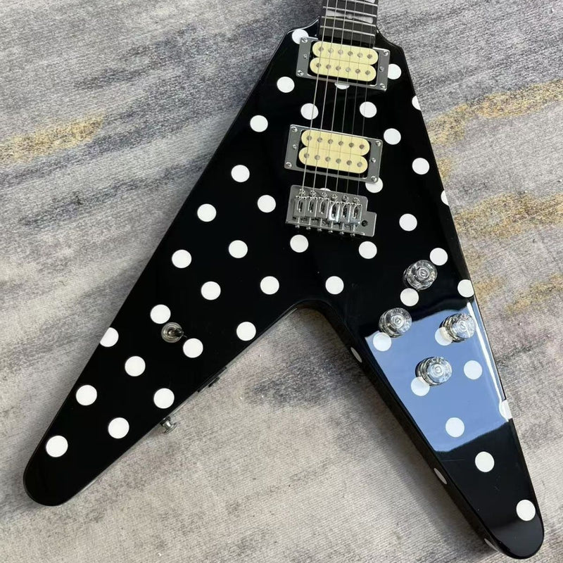 Black White Polka Dot Flying V Style Electric Guitar (LRG-023)