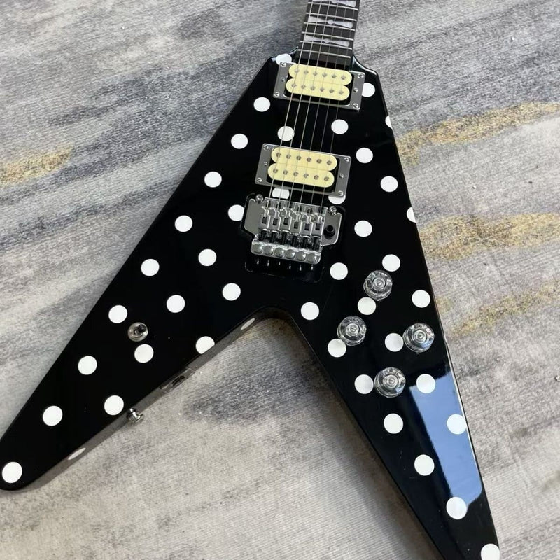 Black White Polka Dot Flying V Style Electric Guitar (LRG-023)