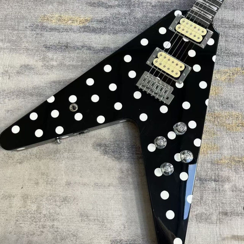 Black White Polka Dot Flying V Style Electric Guitar (LRG-023)