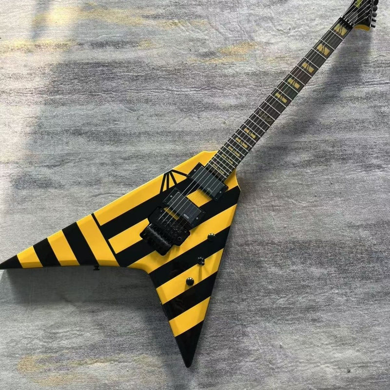 Black Yellow Hazard Stripes Custom Flying V Electric Guitar (LRG-002)