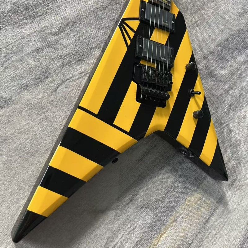 Black Yellow Hazard Stripes Custom Flying V Electric Guitar (LRG-002)