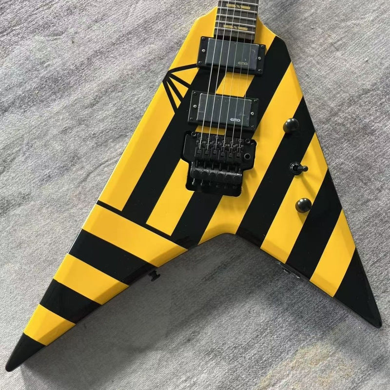 Black Yellow Hazard Stripes Custom Flying V Electric Guitar (LRG-002)
