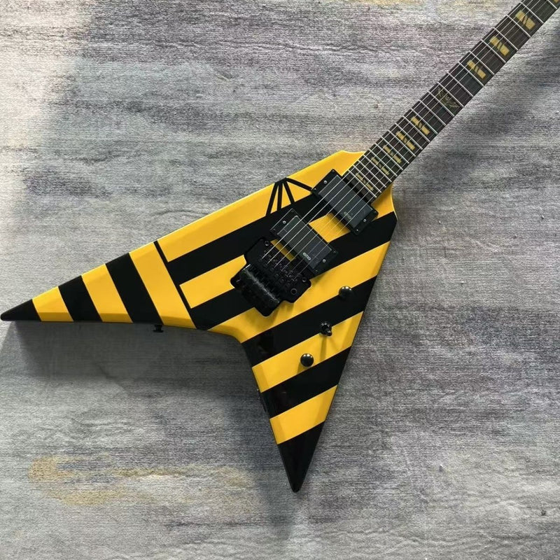 Black Yellow Hazard Stripes Custom Flying V Electric Guitar (LRG-002)