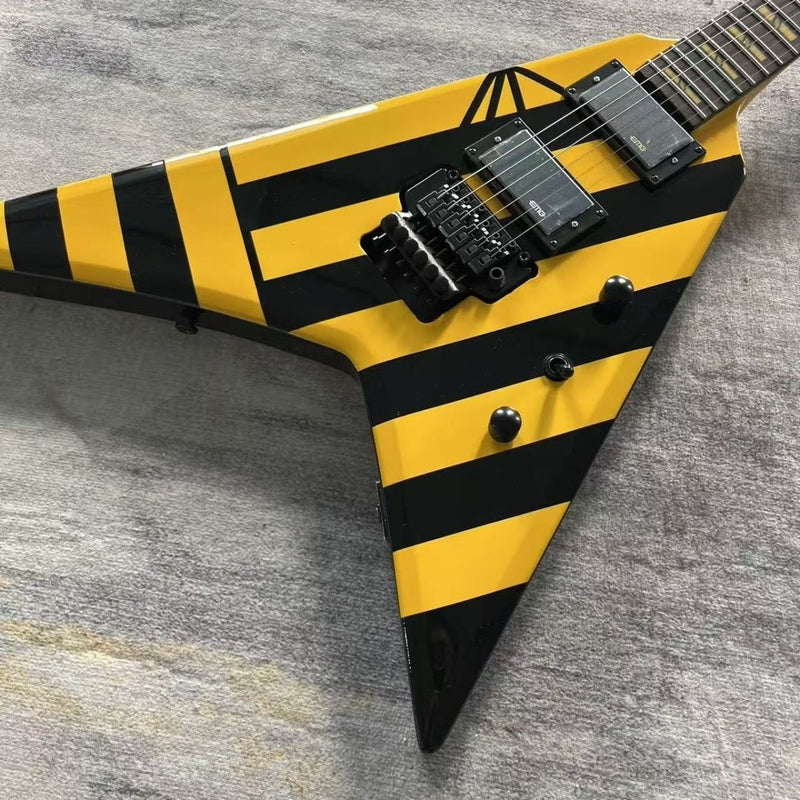 Black Yellow Hazard Stripes Custom Flying V Electric Guitar (LRG-002)