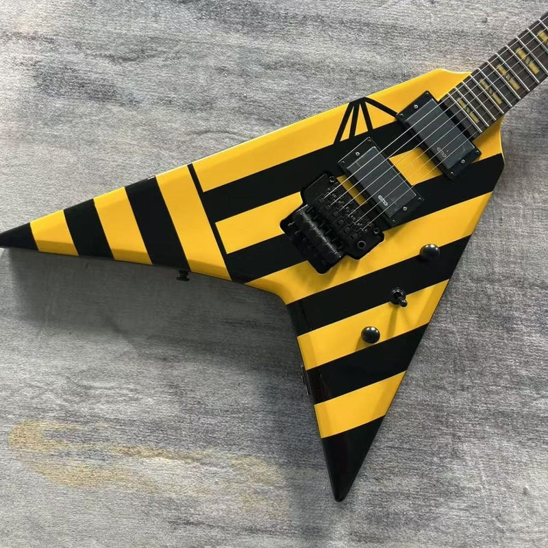 Black Yellow Hazard Stripes Custom Flying V Electric Guitar (LRG-002)