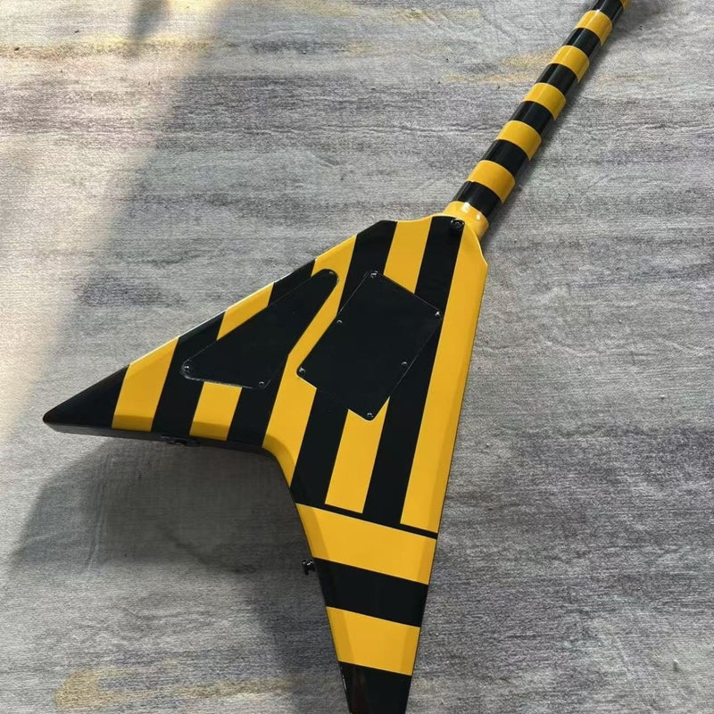 Black Yellow Hazard Stripes Custom Flying V Electric Guitar (LRG-002)