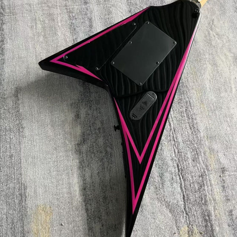 Black & Pink Pinstripe V-Shape Electric Guitar (LRG-039, No Logo)