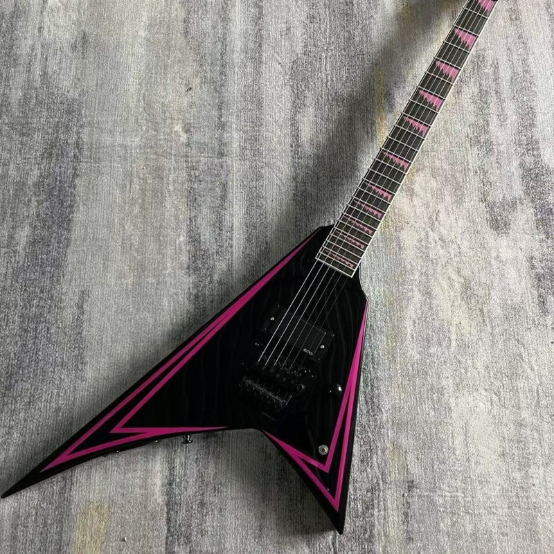 Black & Pink Pinstripe V-Shape Electric Guitar (LRG-039, No Logo)