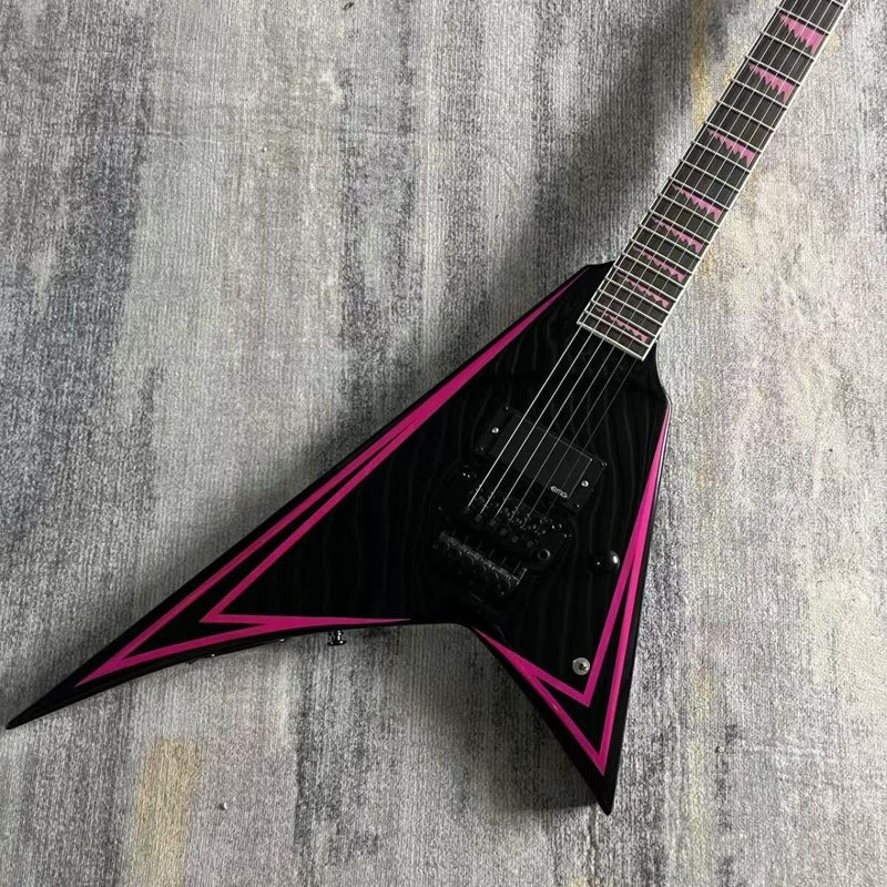 Black & Pink Pinstripe V-Shape Electric Guitar (LRG-039, No Logo)