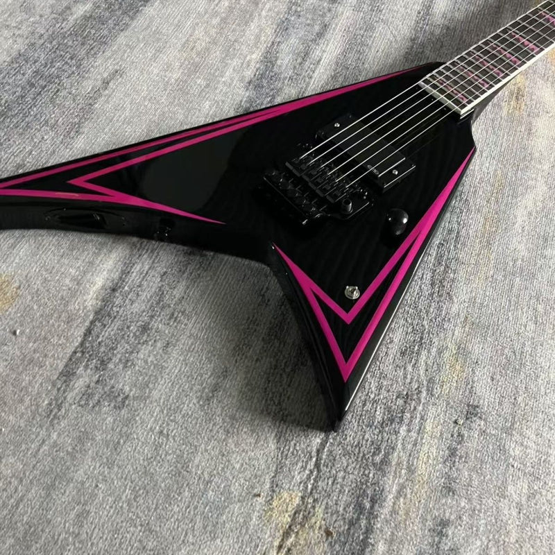 Black & Pink Pinstripe V-Shape Electric Guitar (LRG-039, No Logo)