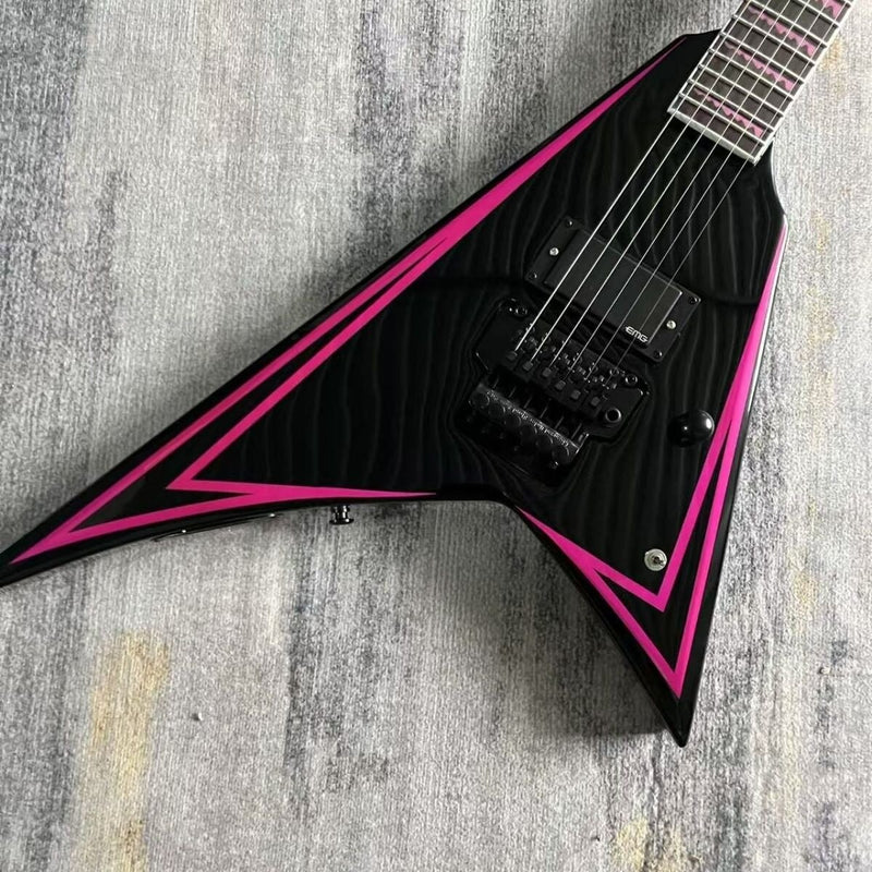 Black & Pink Pinstripe V-Shape Electric Guitar (LRG-039, No Logo)