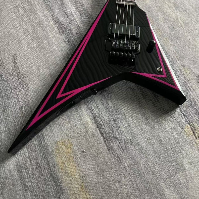 Black & Pink Pinstripe V-Shape Electric Guitar (LRG-039, No Logo)