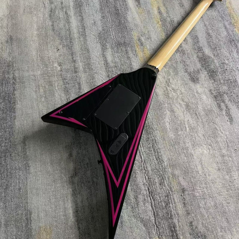 Black & Pink Pinstripe V-Shape Electric Guitar (LRG-039, No Logo)