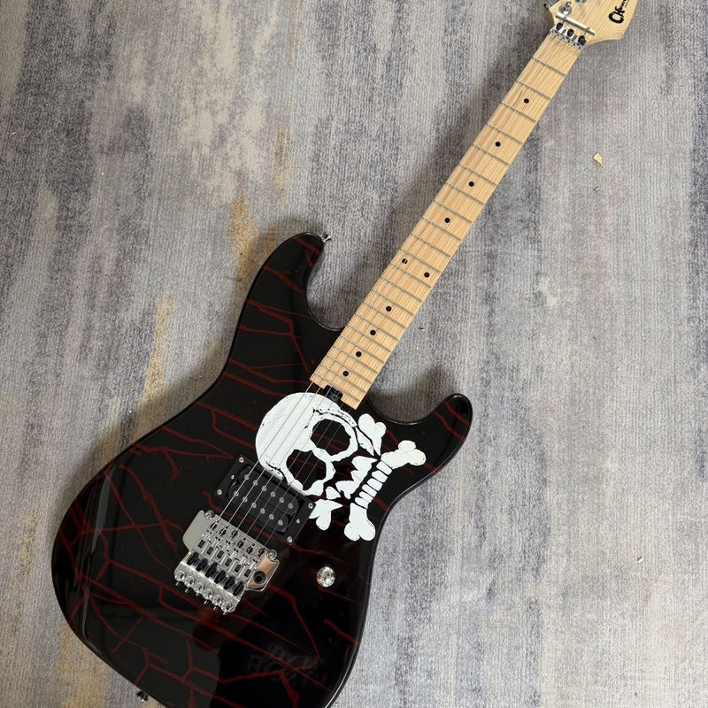 Charvel-Inspired Electric Guitar with Gloss Black Skull & Blood Drip Graphic (LRG-079)