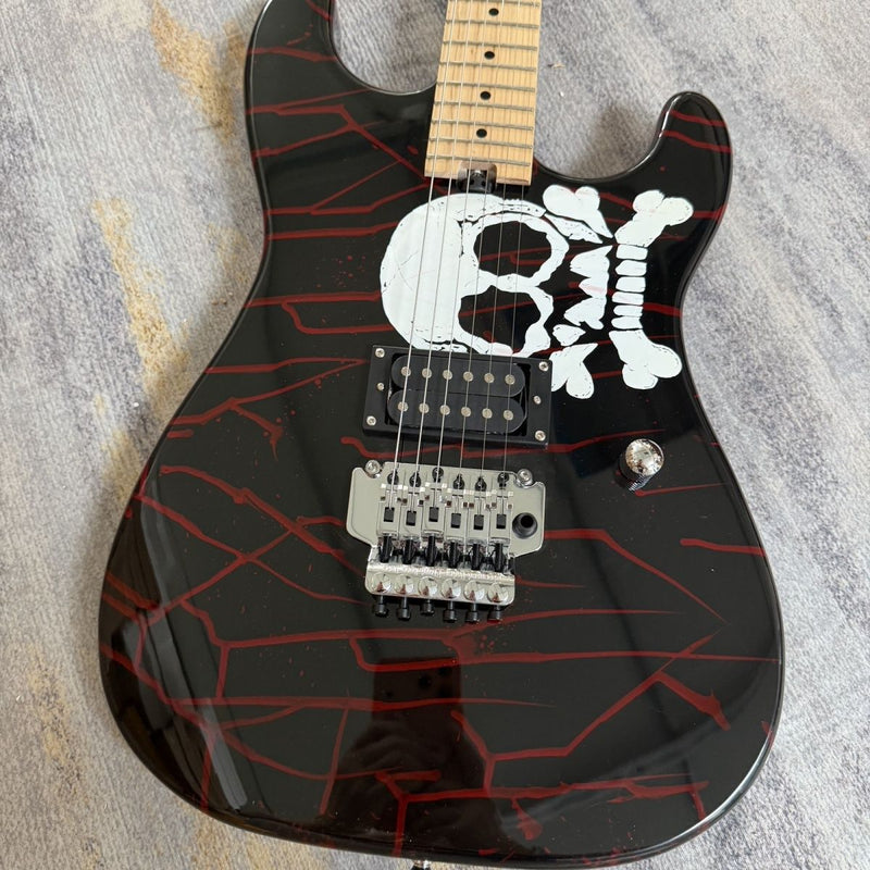 Charvel-Inspired Electric Guitar with Gloss Black Skull & Blood Drip Graphic (LRG-079)