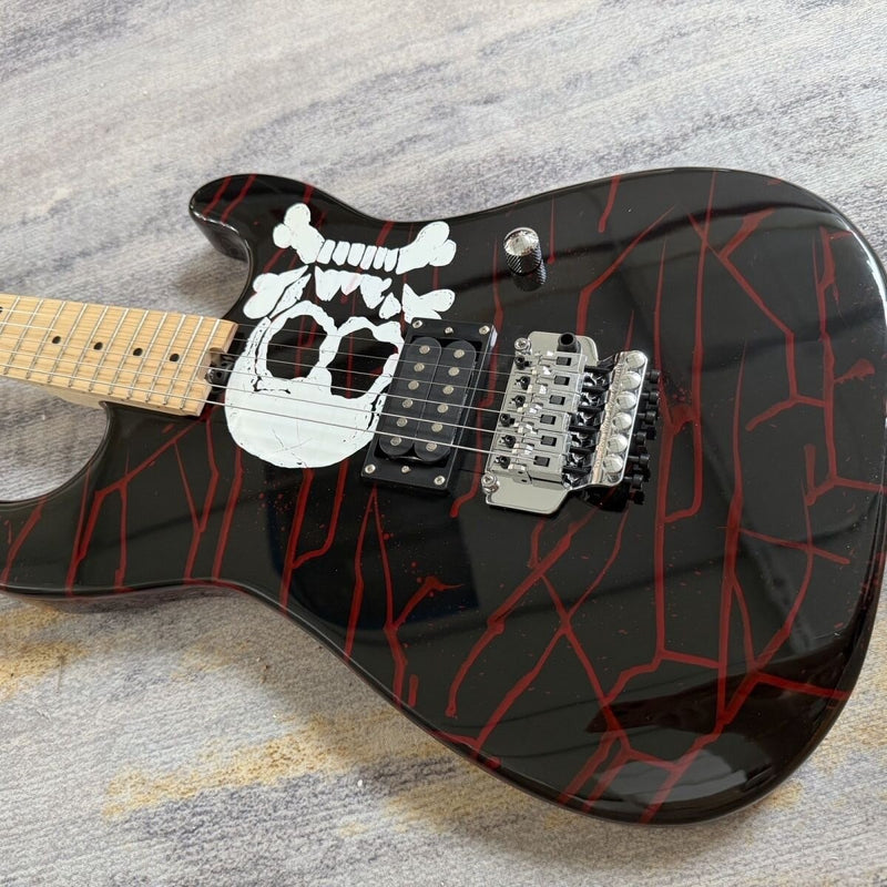 Charvel-Inspired Electric Guitar with Gloss Black Skull & Blood Drip Graphic (LRG-079)