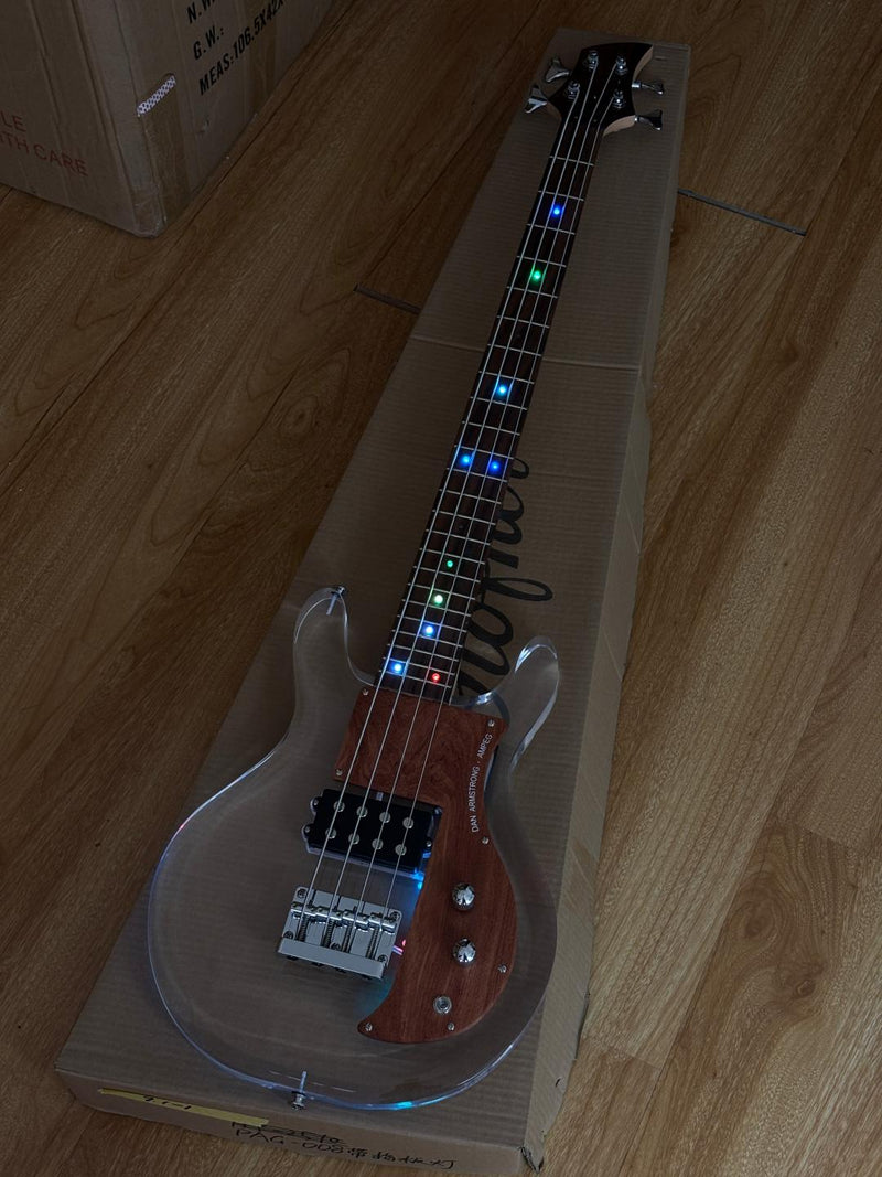 Dan Armstrong Style Clear Acrylic 4-String Electric Bass Guitar with Changing LED Lights (PAG-009)