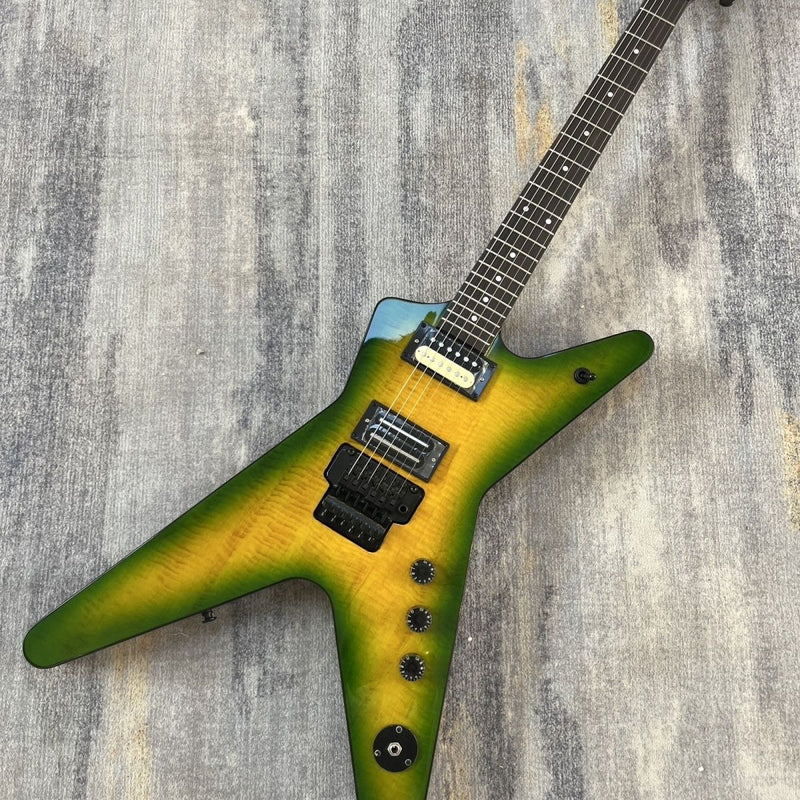 Dime Style Star V Flamed Maple Green Amber Gradient Burst Electric Guitar (LRG-021)