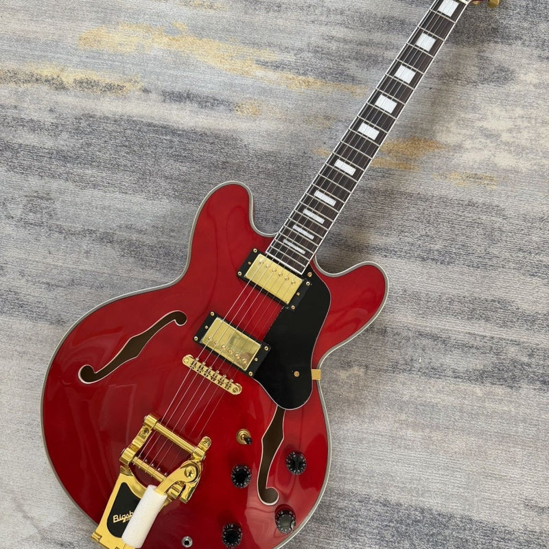 ES-355 Style Semi-Hollow Archtop Gloss Wine Red Electric Guitar (LRG-035, No Logo)