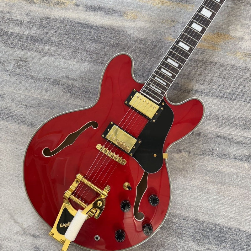 ES-355 Style Semi-Hollow Archtop Gloss Wine Red Electric Guitar (LRG-035, No Logo)