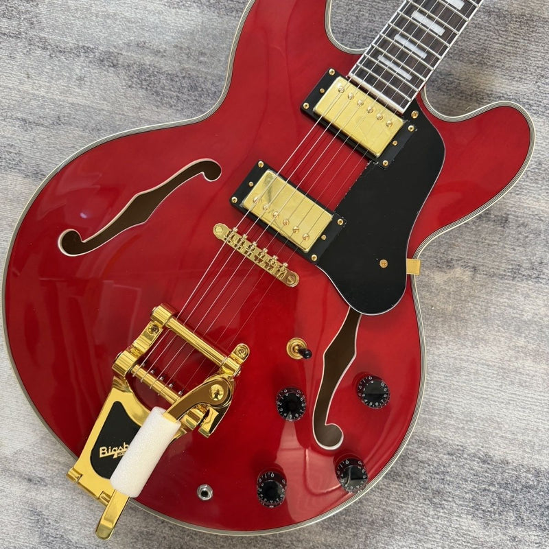 ES-355 Style Semi-Hollow Archtop Gloss Wine Red Electric Guitar (LRG-035, No Logo)
