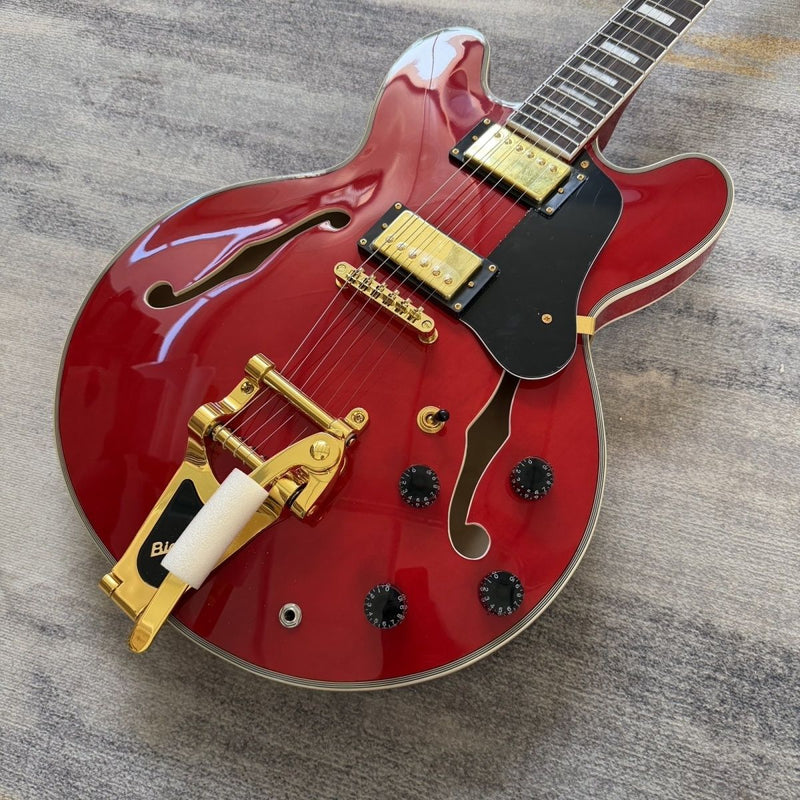 ES-355 Style Semi-Hollow Archtop Gloss Wine Red Electric Guitar (LRG-035, No Logo)