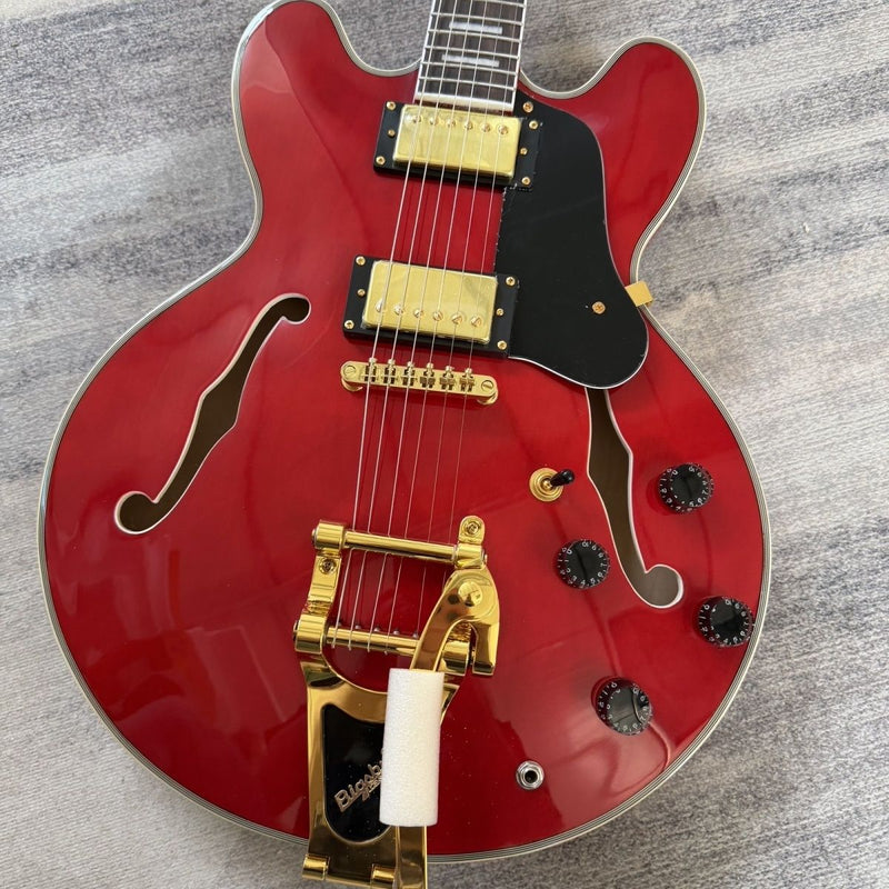 ES-355 Style Semi-Hollow Archtop Gloss Wine Red Electric Guitar (LRG-035, No Logo)