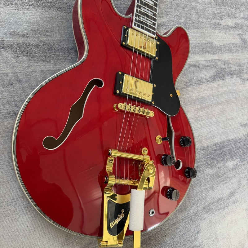 ES-355 Style Semi-Hollow Archtop Gloss Wine Red Electric Guitar (LRG-035, No Logo)