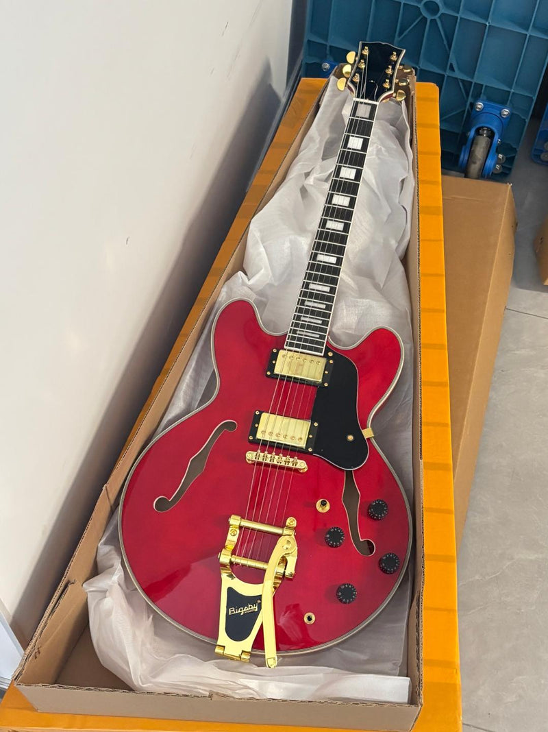 ES-355 Style Semi-Hollow Archtop Gloss Wine Red Electric Guitar (LRG-035X)