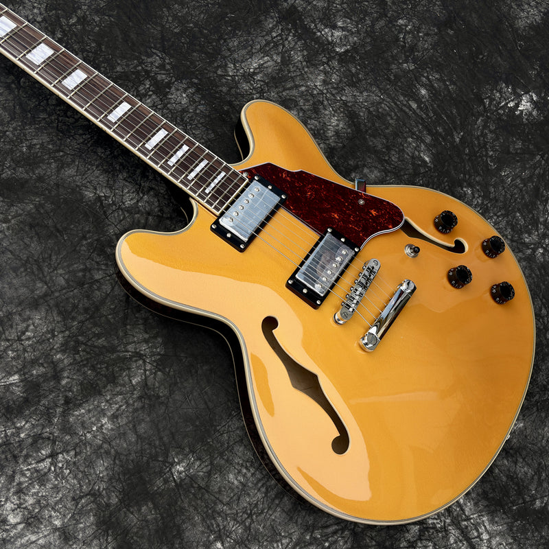 ES-Style Semi-Hollow Body Electric Guitar with Gold Gloss Metallic Finish (YMZ-143X)