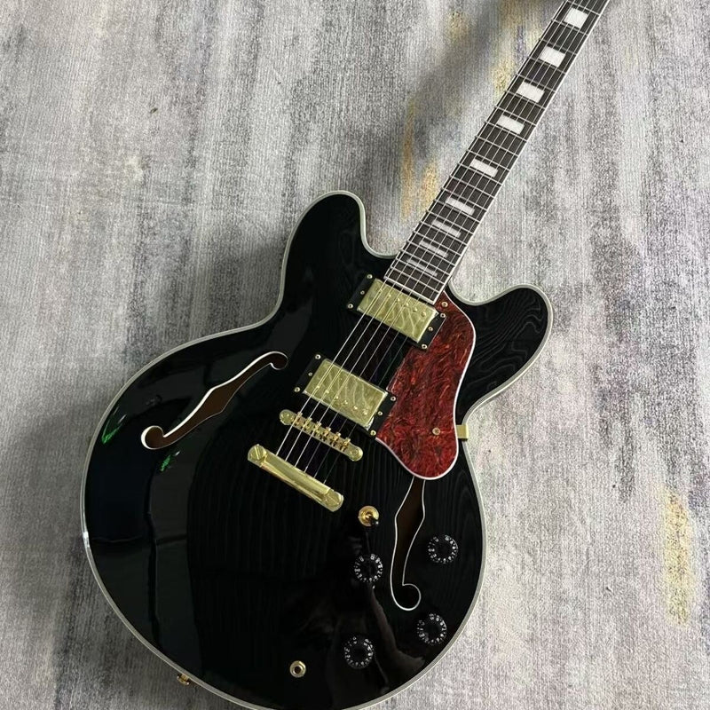 ES335 Style Semi-Hollow Archtop Jazz Electric Guitar with Gloss Black Finish(LRG-075)