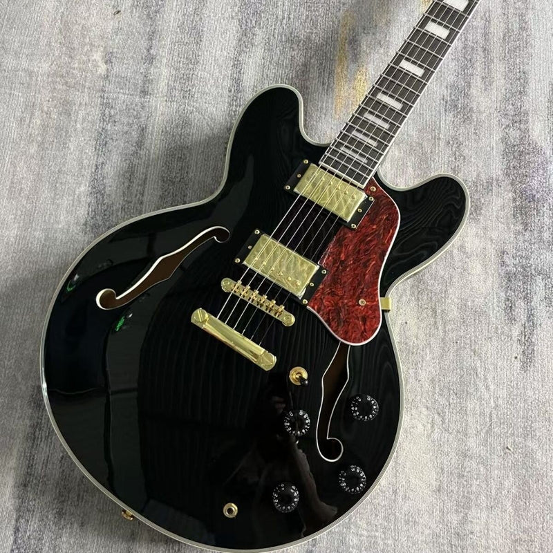 ES335 Style Semi-Hollow Archtop Jazz Electric Guitar with Gloss Black Finish(LRG-075)