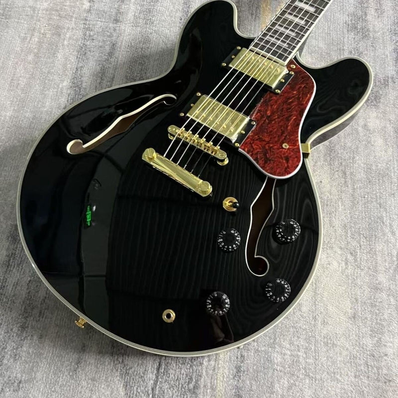 ES335 Style Semi-Hollow Archtop Jazz Electric Guitar with Gloss Black Finish(LRG-075)