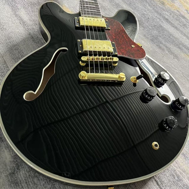 ES335 Style Semi-Hollow Archtop Jazz Electric Guitar with Gloss Black Finish(LRG-075)