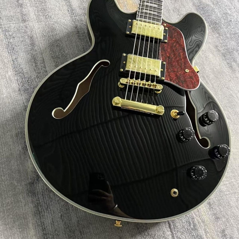 ES335 Style Semi-Hollow Archtop Jazz Electric Guitar with Gloss Black Finish(LRG-075)