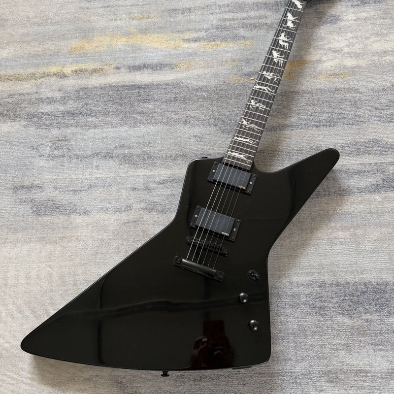 ESP-Inspired Explorer Electric Guitar with Gloss Black Finish, Active EMG Humbuckers & Running Wolf Inlays(LRG-062)