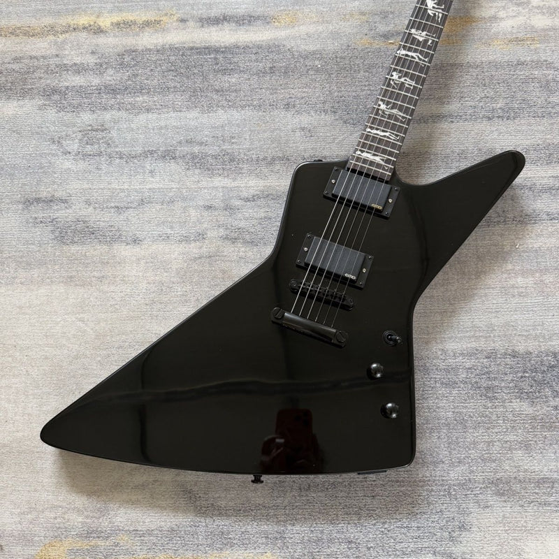 ESP-Inspired Explorer Electric Guitar with Gloss Black Finish, Active EMG Humbuckers & Running Wolf Inlays(LRG-062)