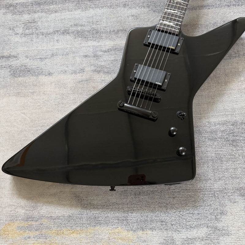 ESP-Inspired Explorer Electric Guitar with Gloss Black Finish, Active EMG Humbuckers & Running Wolf Inlays(LRG-062)