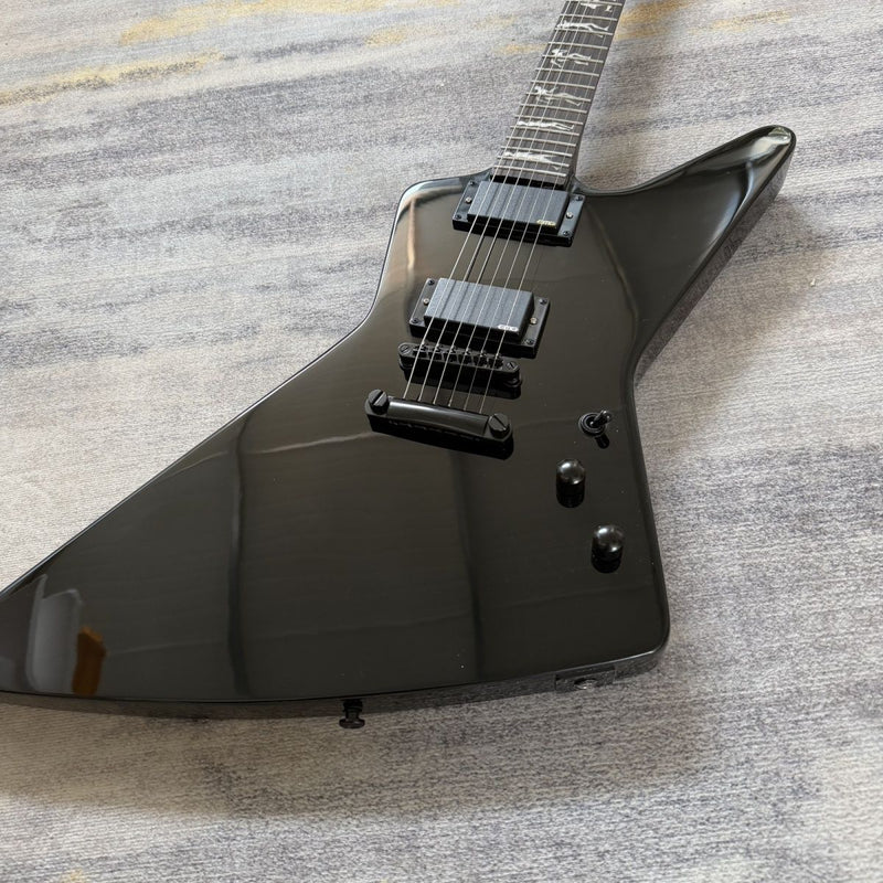 ESP-Inspired Explorer Electric Guitar with Gloss Black Finish, Active EMG Humbuckers & Running Wolf Inlays(LRG-062)