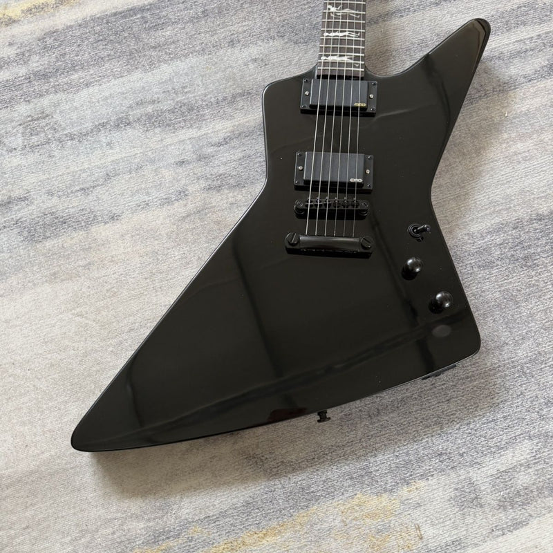 ESP-Inspired Explorer Electric Guitar with Gloss Black Finish, Active EMG Humbuckers & Running Wolf Inlays(LRG-062)