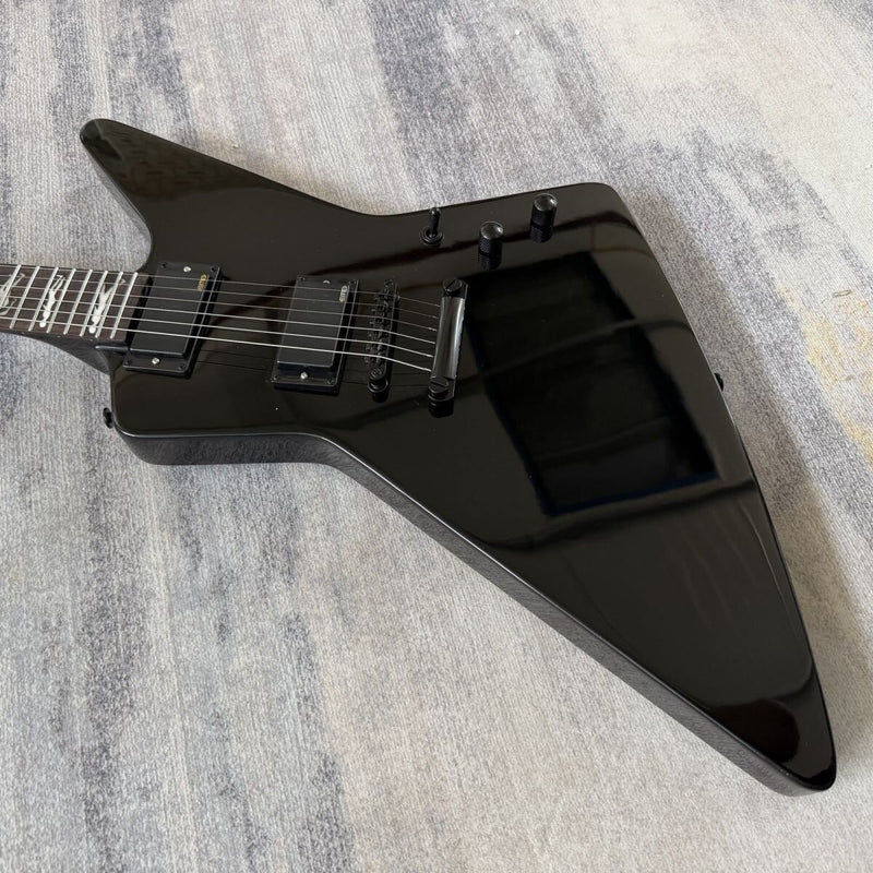 ESP-Inspired Explorer Electric Guitar with Gloss Black Finish, Active EMG Humbuckers & Running Wolf Inlays(LRG-062)