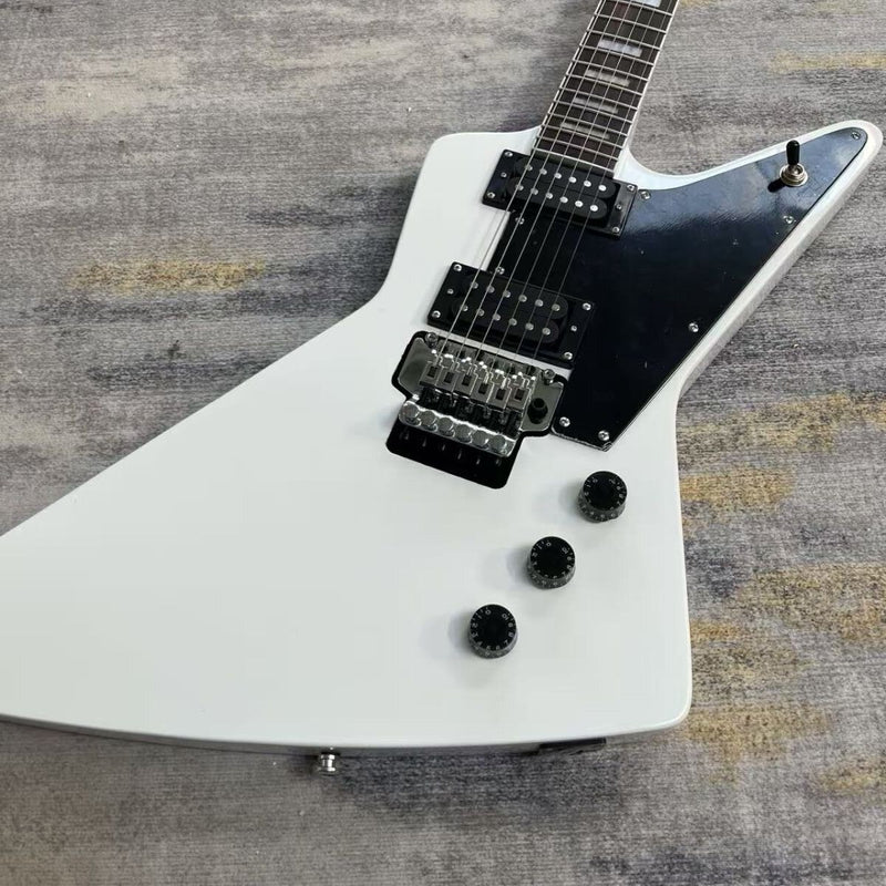 Explorer Style Electric Guitar with Gloss White Finish & Floyd Rose Style Double Locking Tremolo (LRG-063)