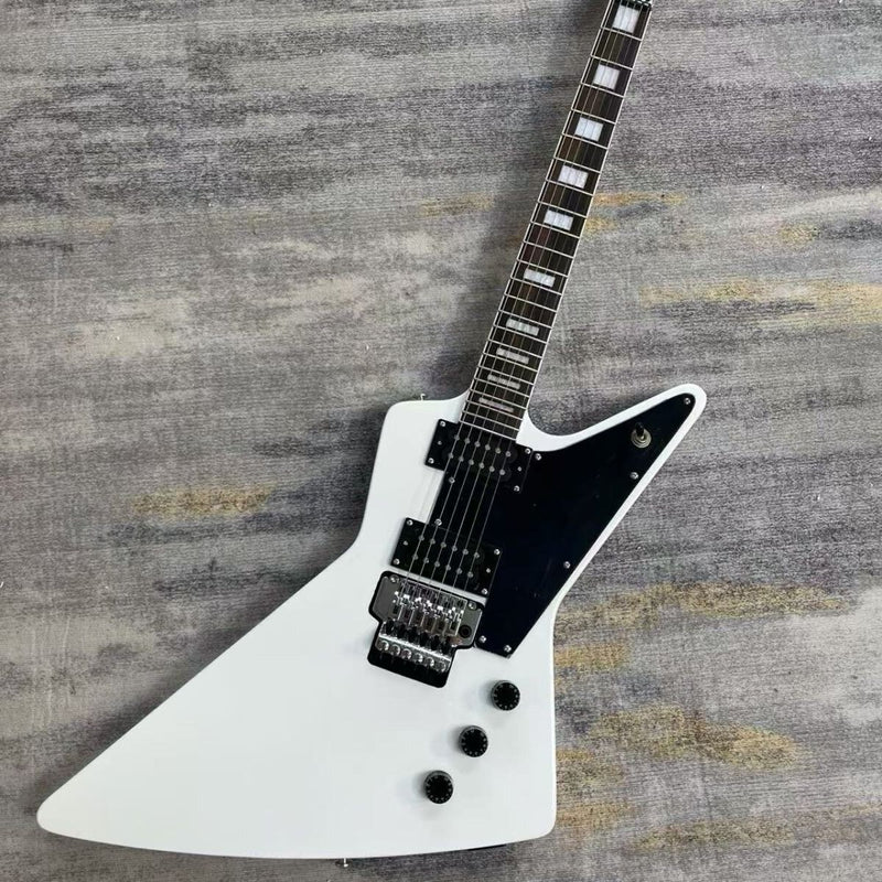 Explorer Style Electric Guitar with Gloss White Finish & Floyd Rose Style Double Locking Tremolo (LRG-063)